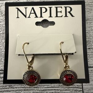 Napier 1 1/8” Gold Tone & Red Leverback Drop/Dangle Earrings-NWT